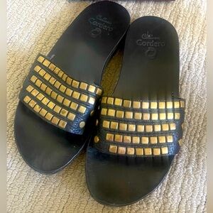 Calleen Cordero Black and Gold Studded Slides